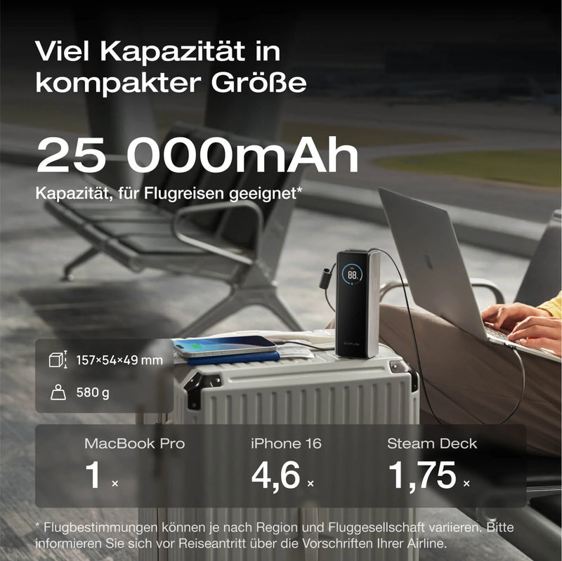 Laden Sie das Bild in Galerie - Viewer, EcoFlow RAPID Powerbank 25'000 mAh schwarz | 140 W laden, bis zu 170 W entladen | + ausziehbares 100 W USB-C Kabel
